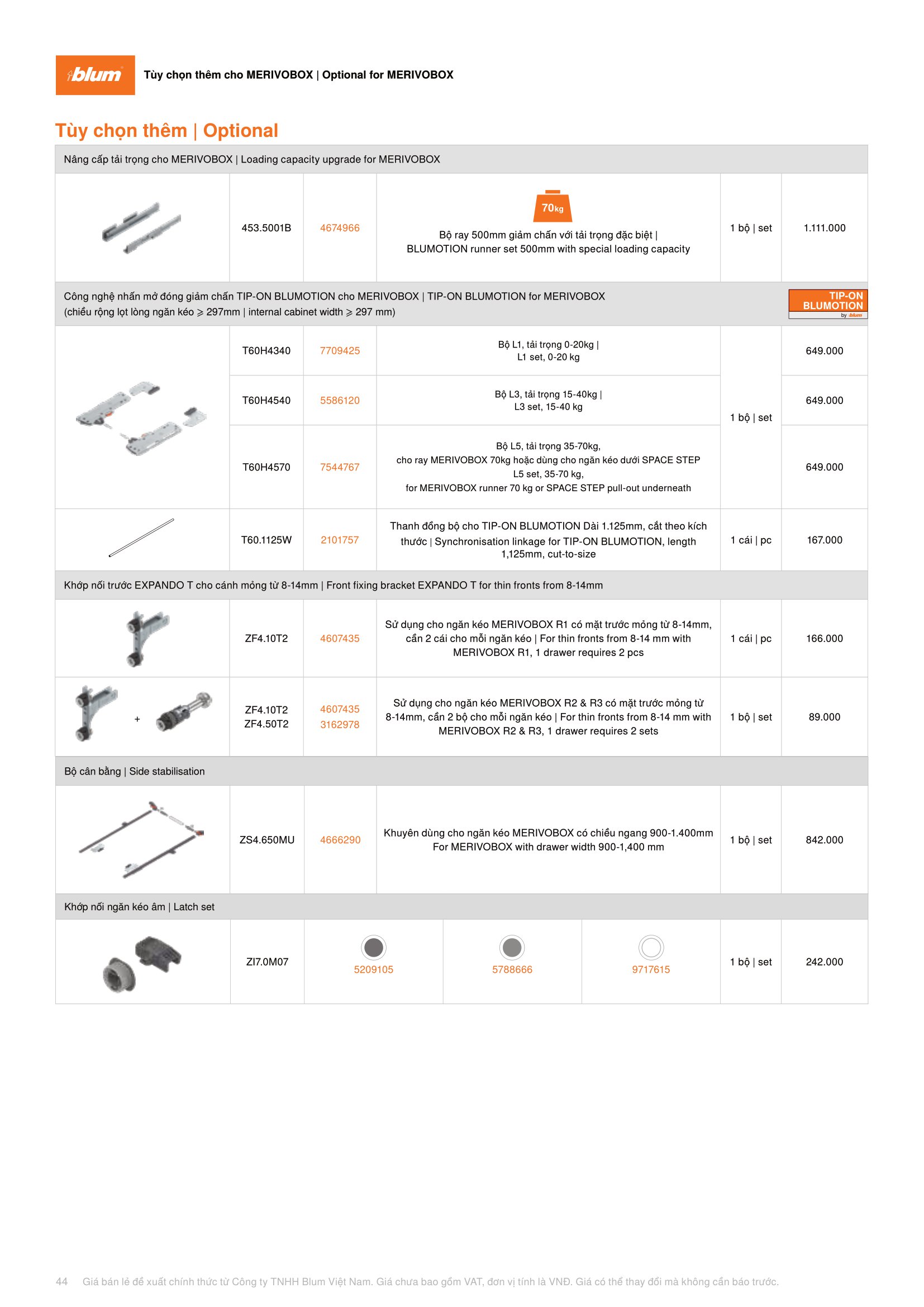 Catalogue Phụ Kiện Blum 2023 / 2024 - Trang 44