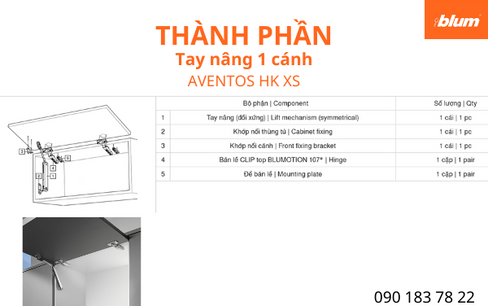 Trọn bộ phụ kiện tay nâng Blum Aventos HK XS bao gồm